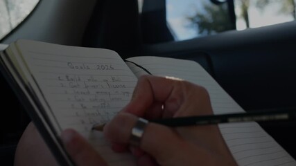 Close-up of a notebook as a woman writes a numbered Goals 2026 list with a pencil, planning New Year resolutions while traveling.