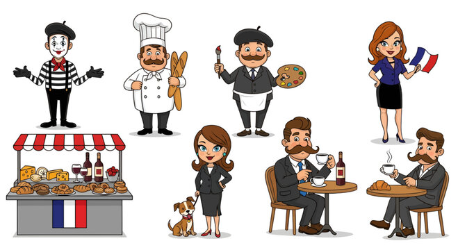 Whimsical depiction of iconic french characters and cultural elements in a cheerful cartoon style