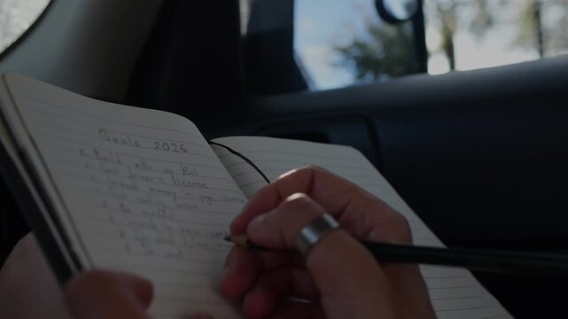 Woman writes a handwritten Goals 2026 list with a pencil in the car, planning personal resolutions during a road trip.