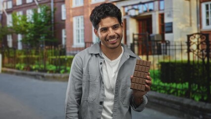 Man holding a large chocolate bar in his right hand on a street in front of a brick building; joyful indulgence.