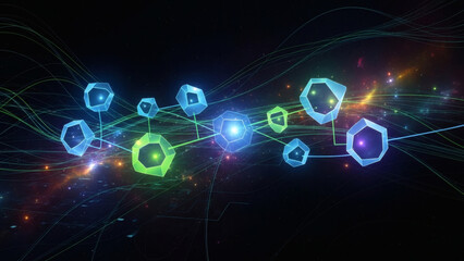 An abstract digital art piece visualizing blockchain as glowing interconnected nodes and flowing streams of light in cosmic dark space, crypto art