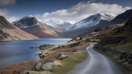 A winding road runs alongside a large lake in a valley surrounded by mountains. Snow covers some peaks while others show grassy slopes. The scene is bright under a clear sky.