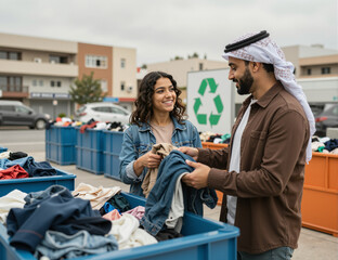 Two friends, a caucasian woman and an arab man, are enjoying their time sorting clothes at a recycling center, promoting sustainability and community engagement while helping the environment
