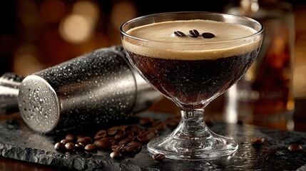 Sophisticated espresso martini with coffee beans and shaker in moody lighting for cocktail lounge promotion.

