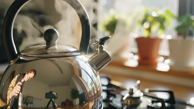 Boiling water in stainless steel kettle on kitchen stove with rising steam and reflections