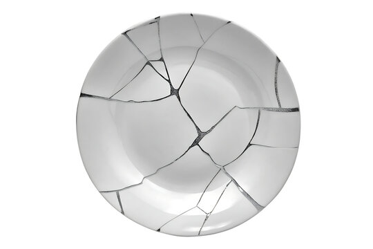Broken white oval plate repaired with kintsugi technique isolated on white background