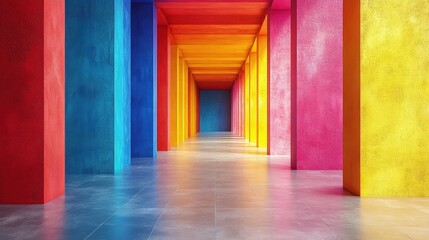 Naklejka premium A stunning corridor showcases vibrant, colorful columns within a contemporary architectural design. The scene exudes modernity and visual interest.