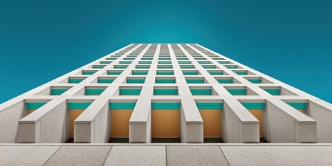 Abstract geometric concrete building facade looking up against blue sky for modern architecture background.

