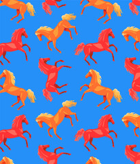 Bright blue color pattern with red and yellow horses modern vector illustration
