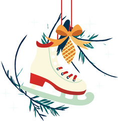 Festive ice skates with ribbon and pine branches for holiday decorations