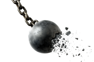 Wrecking ball smashing and breaking apart isolated on white background