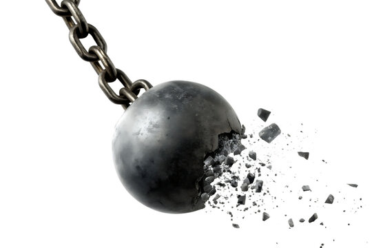Wrecking ball smashing and breaking apart isolated on white background