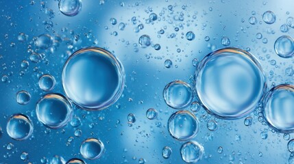 Bubbles of various sizes float in clear blue water under bright light. The surface reflects light showing a bright and lively scene. This takes place indoors with good visibility.