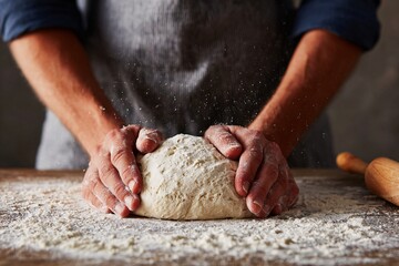 Fototapeta premium Hands are kneading dough on a wooden surface with flour lightly dusted around