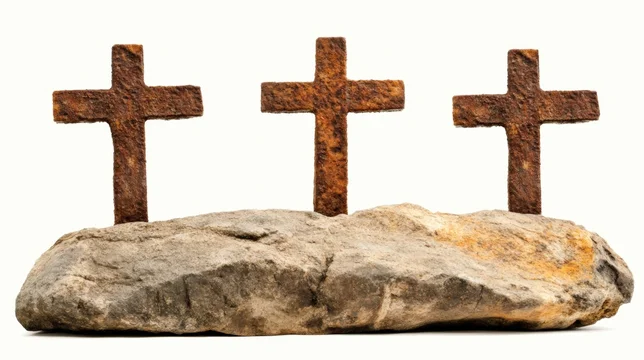 Rough Wooden Crosses on Big Rock Against White Background