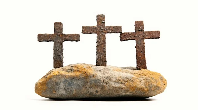 Three Crude Tall Crosses Standing on Large Rock