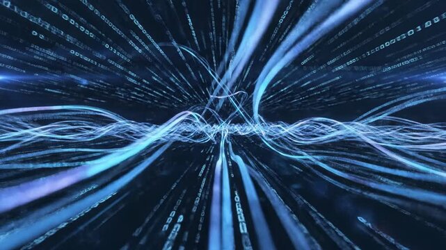 Abstract blue digital artwork featuring lines of code and flowing wave-like patterns