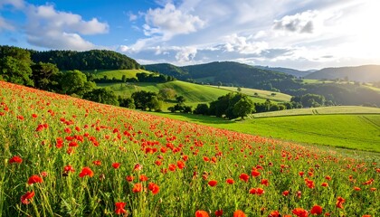 Red poppy field on a sunlit hillside