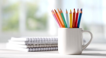 A vibrant collection of colored pencils arranged in a white mug. This image represents creativity and inspiration. Perfect for educational materials and art projects. AI