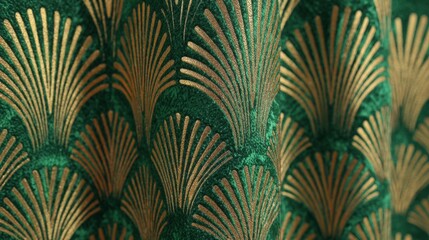 Luxurious green fabric featuring a detailed gold leaf pattern, ideal for various design projects, emphasizing texture and elegance in fashion and interior decor