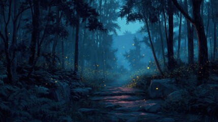 Naklejka premium A trail runs through a dark forest with trees on either side. Tiny fireflies light up the air as night falls casting a soft glow on the path.