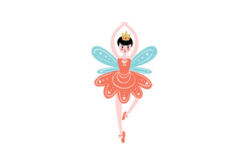 Cute little fairy ballerina princess dancing with wings, isolated on transparent background