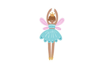 Cute little fairy ballerina princess with crown and pink wings, isolated on transparent background