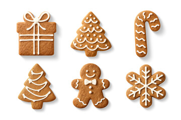 Set of decorated Christmas gingerbread cookies in different shapes isolated on a transparent background, including Christmas tree, gingerbread man, candy cane and snowflakes PNG. High resolution. 