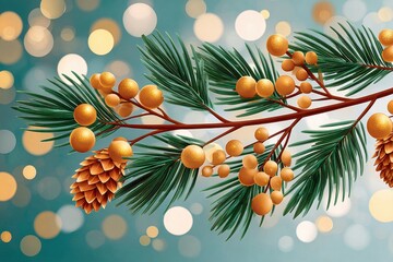 Close-up of evergreen branches with pine cones and gold glitter leaves for festive holiday decor