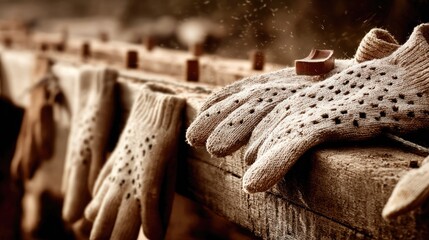 Knit work gloves with noticeable wear are resting on a wooden surface outdoors