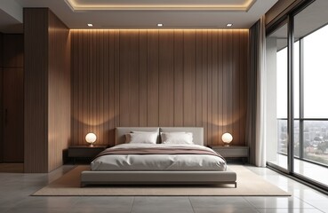 Modern bedroom interior with wooden panel accent wall, brass framed headboard. Dark wood furniture, glass balcony door. Minimalist decor with lamps on nightstands. White bed with pillows on beige