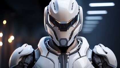 close up of a futuristic white and light grey robotic exoskeleton armor suit with detailed panels and glowing accents