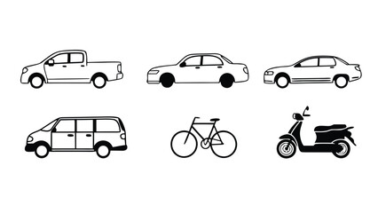Fototapeta premium Vehicle Silhouette and Outline Vector Pack, CAD Line Art of Cars, Bikes, Scooters & Motorcycles front and side view