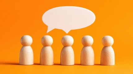 Five wooden figures stand in a line on a vibrant orange background with a blank speech bubble above them. They appear to be engaged in a conversation.