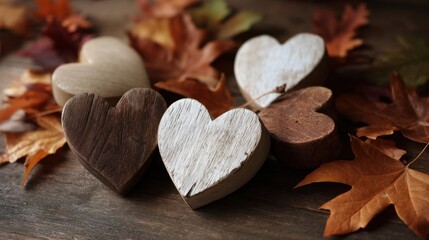 A collection of wooden hearts rests on a bed of colorful autumn leaves. The scene shows various heart shapes made from different woods placed on brown and orange leaves.