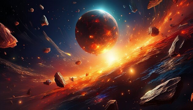 fiery celestial body surrounded by stellar debris