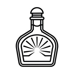 Three isolated transparent glass bottles of perfume, wine, and brandy, all containing a clear liquid beverage