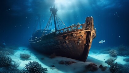 Fototapeta premium mysterious sunken shipwreck on the deep blue ocean floor illuminated by an ethereal light under a star filled sea showcasing corroded details and marine growth