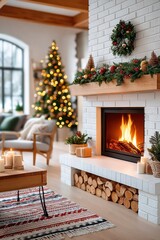 Obraz premium Cozy Christmas living room with a lit fireplace, garlands, wreath, and decorated tree
