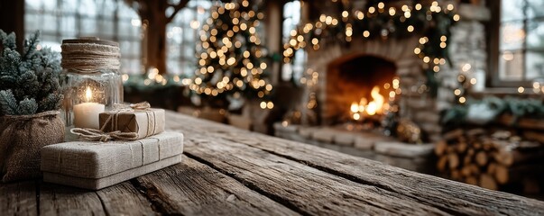 Cozy Christmas scene with wrapped gifts, candle, and warm fireplace glow on rustic wooden table