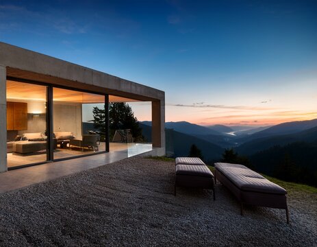 modern concrete mountain retreat at twilight with panoramic views and warm interior