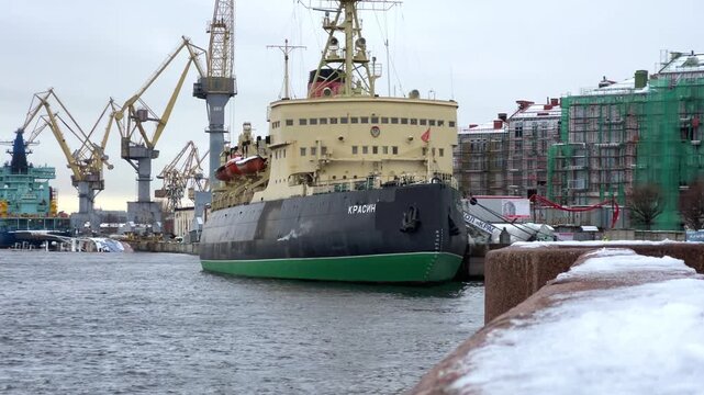 ST. PETERSBURG, RUSSIA - November 15, 2025: View of the old icebreaker Krasin on a frosty November day. Currently, the icebreaker, which was used in the polar regions, is a museum located on the Neva 
