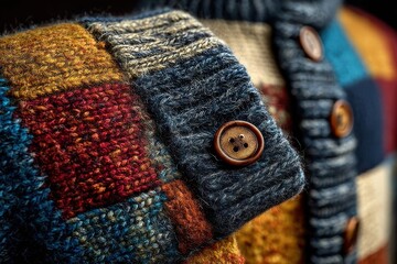 Close-up of a colorful patchwork wool sweater with textured knit and wooden buttons