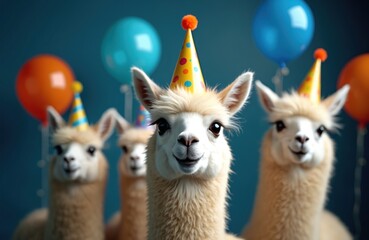 Obraz premium Group of llamas celebrate birthday. Llama wears party hat with colorful balloons. Fun animal gathering celebrates special event. Cute pets enjoy joyful festive atmosphere. Smiling creature in