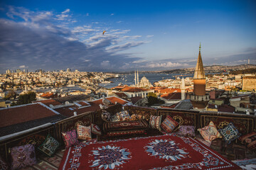 Great panoramic view of Istanbul from high terrace at sunrise decorated traditional colorful ornament