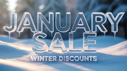 January sale advertisement with ice letters on snowy winter background
