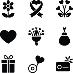 Collection of black and white icons representing love and celebration