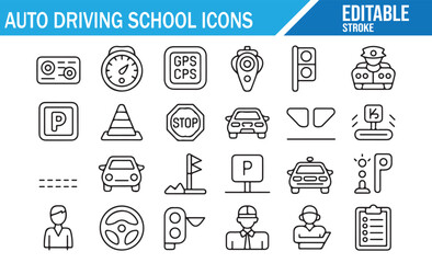 Auto driving school outline icon set with traffic signs and vehicle training symbols