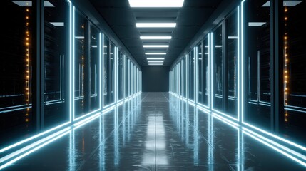 A long corridor in a data center is lined with server racks on both sides. Bright light strips illuminate the floor and walls. The scene occurs at night in an indoor setting.