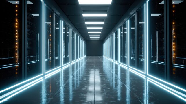A long corridor in a data center is lined with server racks on both sides. Bright light strips illuminate the floor and walls. The scene occurs at night in an indoor setting. - Powered by Adobe